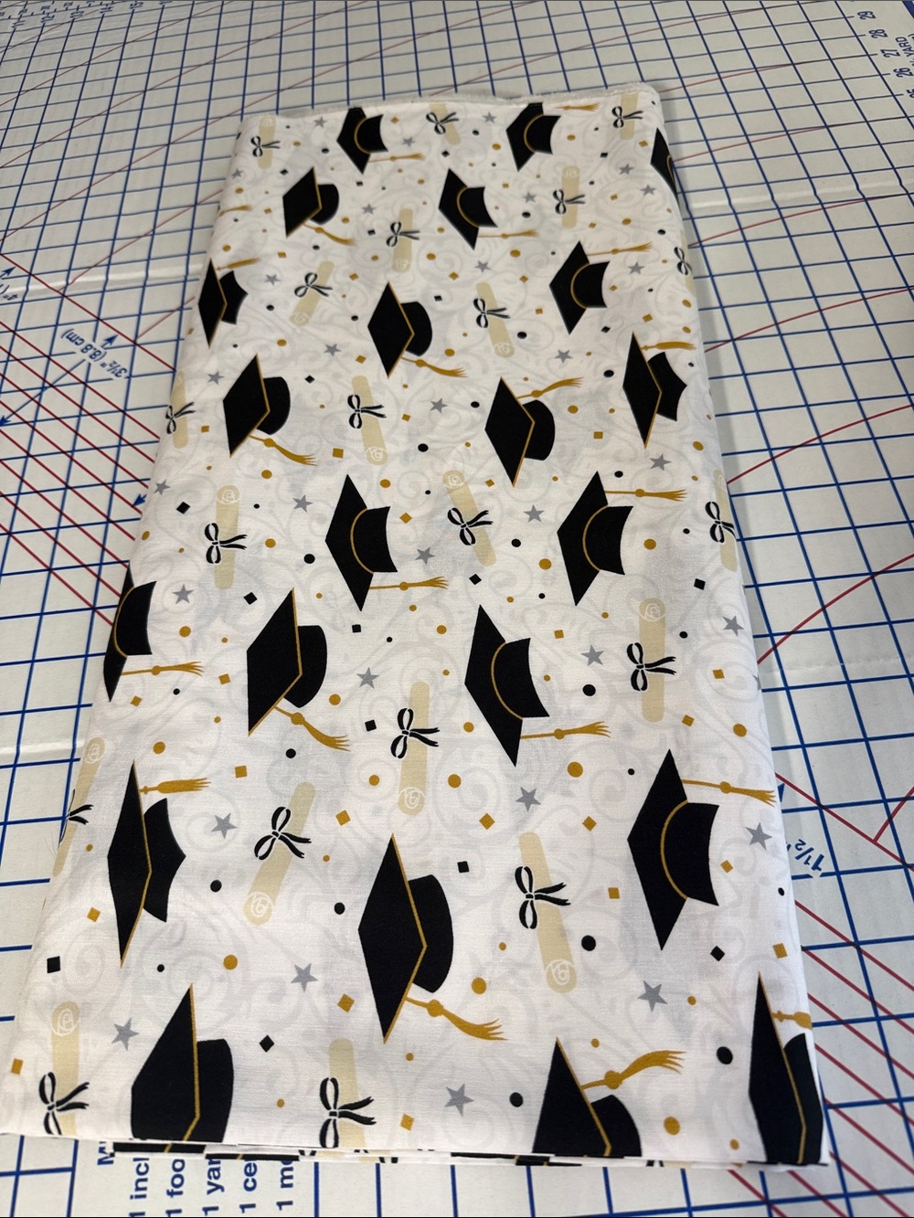 4.25 Yards Graduation Cotton Fabric Brother Sister Caps Diplomas Black Gold 44”